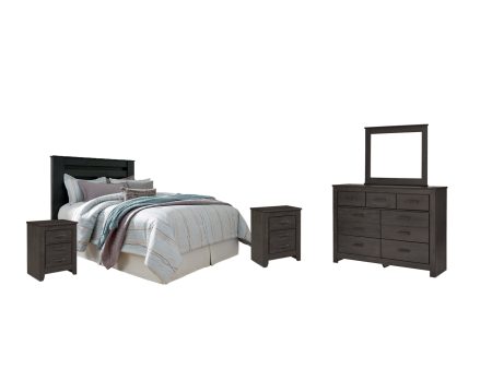 Brinxton King California King Panel Headboard Bed with Mirrored Dresser and 2 Nightstands For Sale