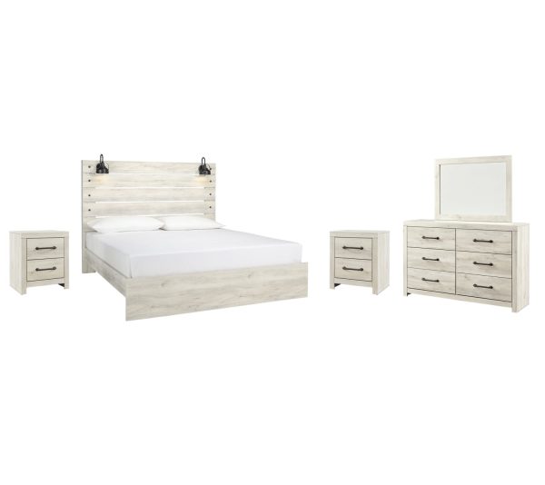 Cambeck King Panel Bed with Mirrored Dresser and 2 Nightstands For Sale